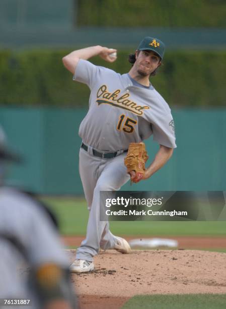 Dan Haren of the Oakland Athletics pitches during the game against the Detroit Tigers at Comerica Park in Detroit, Michigan on August 11, 2007. The...