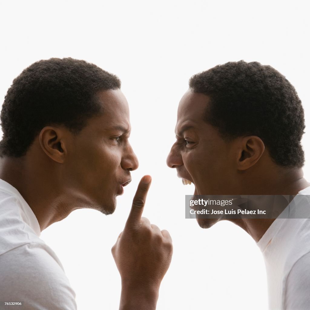 Digital composite of African American man yelling at self