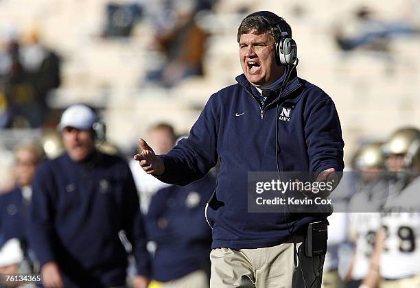 Navy head coach Paul Johnson argues a call with an official during the second half of the Midshipmen's 38-13 win over Duke Saturday, November 4 at...