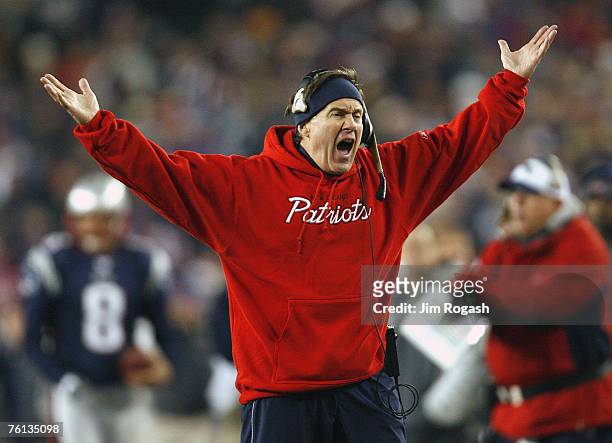 New England Patriots coach Bill Belichick takes issue with a call from an official during a game with the Indianapolis Colts at Gillette Stadium,...