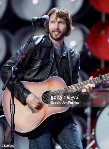 James Blunt performs on stage during the Live Earth concert held at Wembley Stadium on July 7, 2007 in London. Live Earth is a 24-hour, 7-continent...