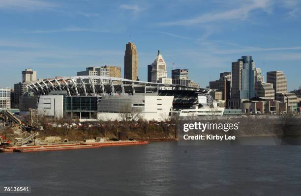 General view of Paul Brown Stadium, home of the Cincinnati Bengals, with the Ohio River and downtown skyline in Cincinnati, Ohio on Sunday, December...