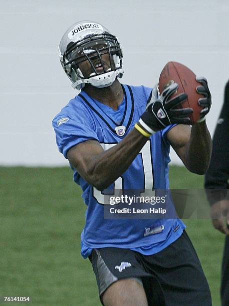 Detroit Lions rookie wide receiver Calvin Johnson from Georgia Tech University works out during the during the final day of Rookie Mini-Camp at the...