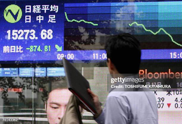 Passer-by looks at a stocks price index baord at the window of a security company headquarters in central Tokyo, 17 August 2007. Japanese share...