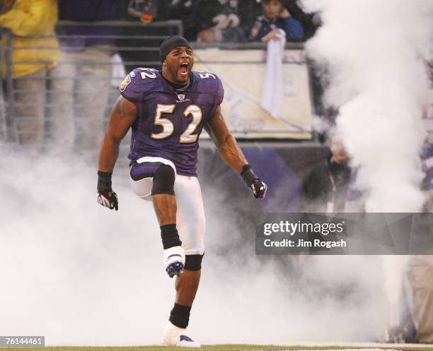 Baltimore Ravens' Ray Lewis before facing the Indianapolis Colts during AFC playoff competition at M&T Bank Stadium, Baltimore, Maryland, Saturday,...