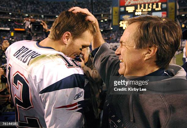 New England Patriots quarterback Tom Brady and coach Bill Belichick celebrate after 24-21 victory over the San Diego Chargers in AFC Divisional...