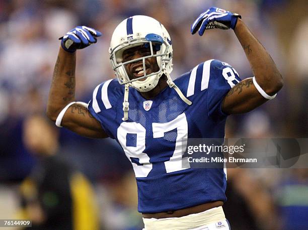 Reggie Wayne of the Indianapolis Colts during warm ups prior to the start of the AFC Championship game between the New England Patriots and...