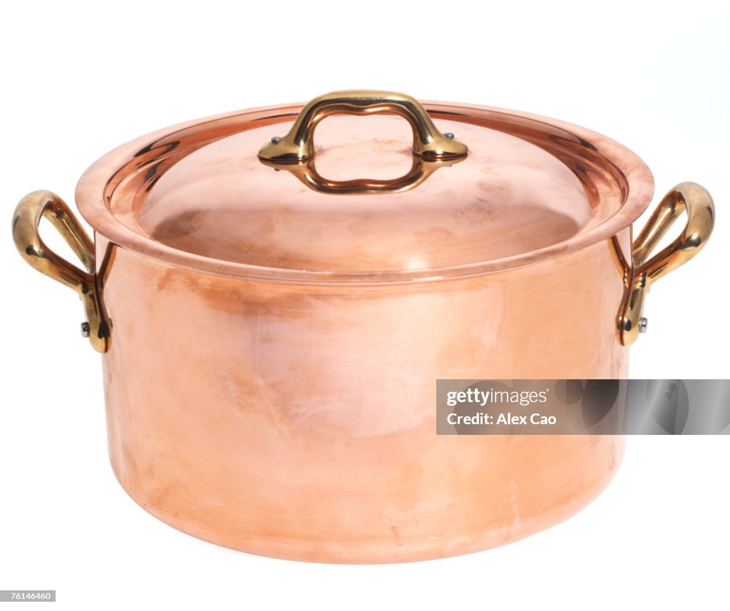 Large copper colored pot with brass colored handles