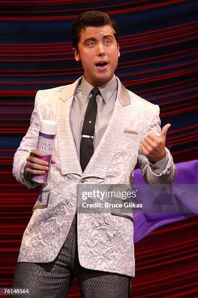 Lance Bass plays "Corney Collins" during his opening night performance in "Hairspray" on Broadway August 16, 2007 at The Neil Simon Theater in New...