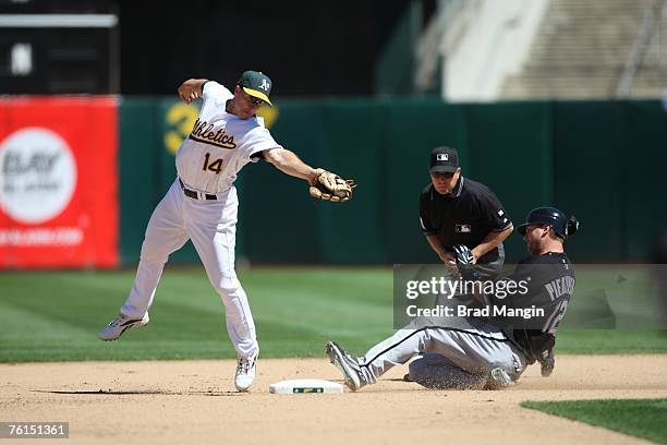 Paul Konerko of the Chicago White Sox slides safely into second base as Oakland Athletics second baseman Mark Ellis fields the throw from the...