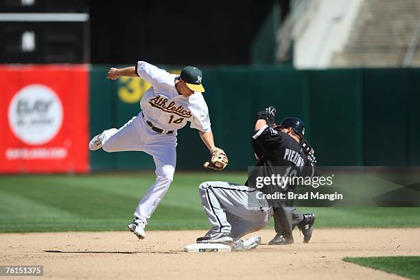 Paul Konerko of the Chicago White Sox slides safely into second base as Oakland Athletics second baseman Mark Ellis fields the throw from the...