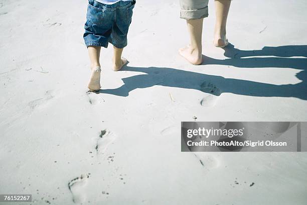 "child and adult walking on sand, low section" - jeans barefoot fotografías e imágenes de stock