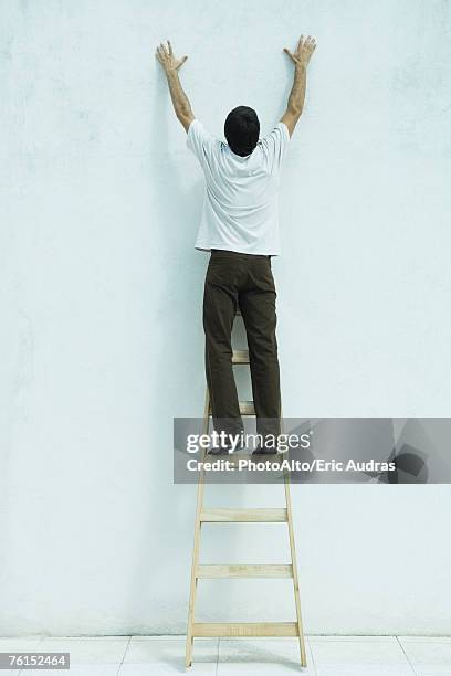 "man standing on ladder, reaching up along wall, full length" - salire le scale foto e immagini stock