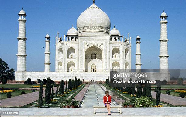 Diana, Princess of Wales, wearing a red and purple suit designed by Catherine Walker, poses alone outside the Taj Mahal on February 11, 1992 in Agra,...