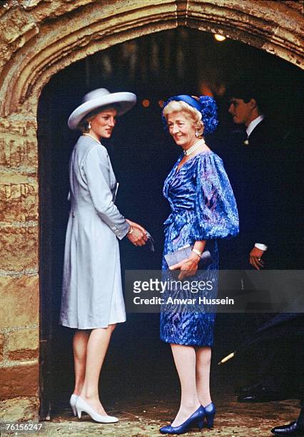 Diana, Princess of Wales with her mother Frances Shand-Kydd at the wedding of her brother Vicount Spencer to fashion model Victoria Lockwood at...