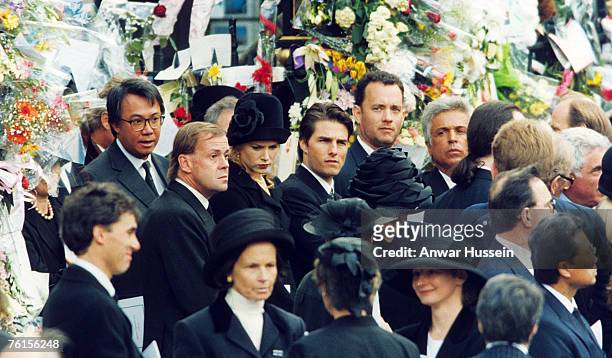 Guests attending Diana, Princess of Wales's funeral at Westminster Abbey on September 6, 1997 include Tom Hanks, Tom Cruise and Nicole Kidman.