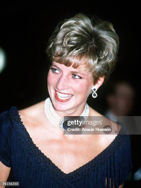 Portrait of Diana, Princess of Wales wearing her sapphire choker and earrings at a concert at Royal Albert Hall on July 8, 1991 in London, England.