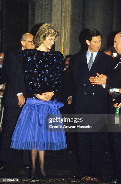 Princess Diana, Princess of Wales and Prince Charles, Prince of Wales attend a dinner held by the Mayor of Florence during a tour of Italy in April,...