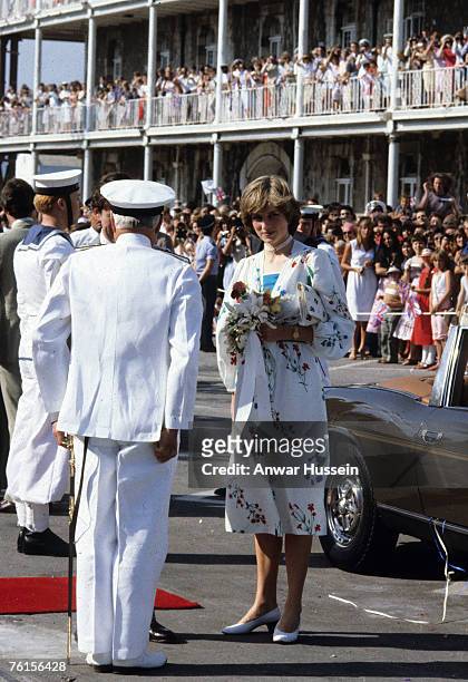 Diana, Princess of Wales, wearing a silk, floral dress designed by Donald Campbell, on her honeymoon on August 1, 1981 in Gibraltar.