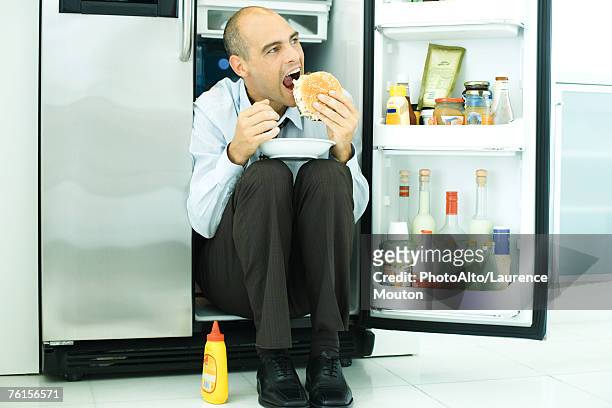 "man sitting in front of open refrigerator, eating hamburger" - funny fridge stock pictures, royalty-free photos & images