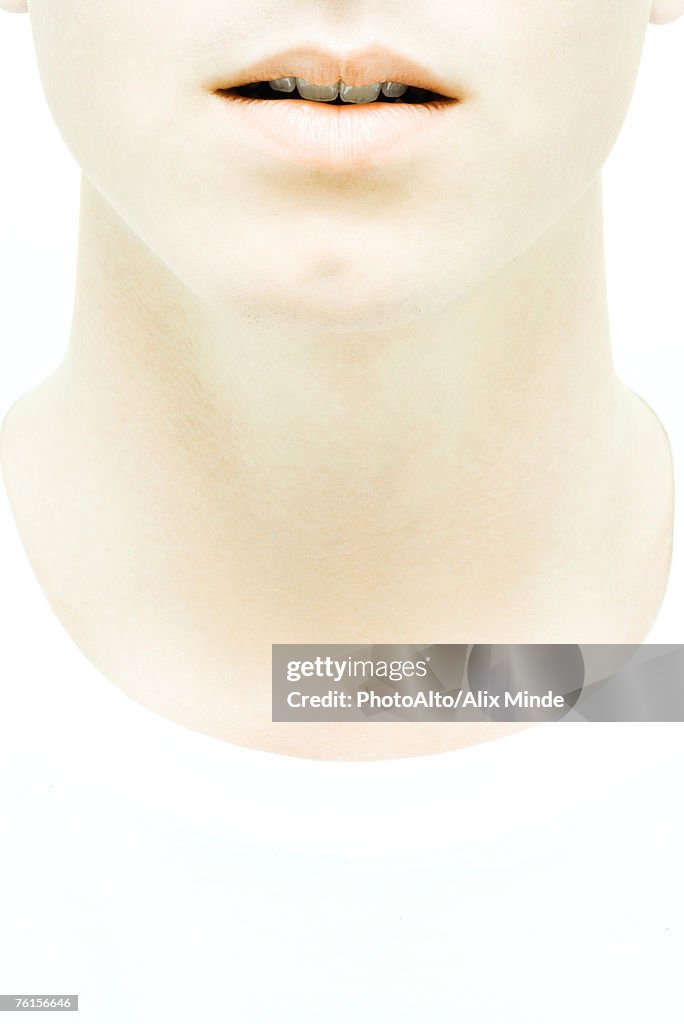 "Young man's lower face and neck, close-up"