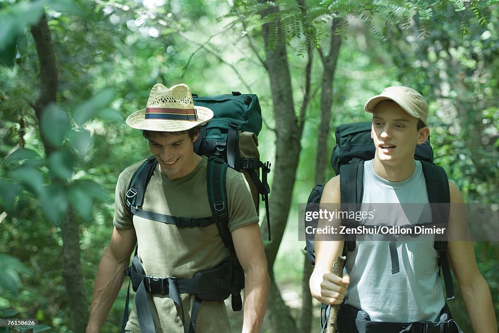 Two hikers walking through forest