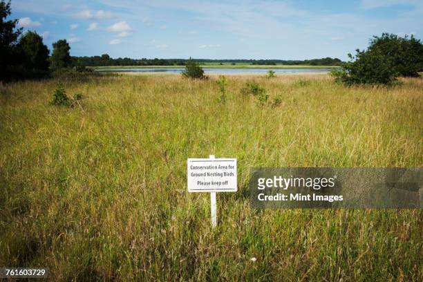 white keep off sign on a meadow with river and trees in the distance. - nature reserve stock pictures, royalty-free photos & images