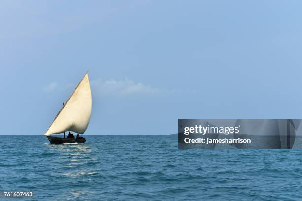 dhow fishing boat sailing in ocean, zanzibar, tanzania - dhow stock pictures, royalty-free photos & images