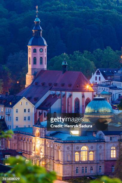 germany, baden-wurttemberg, baden-baden, illuminated stiftskirche - baden baden stock pictures, royalty-free photos & images