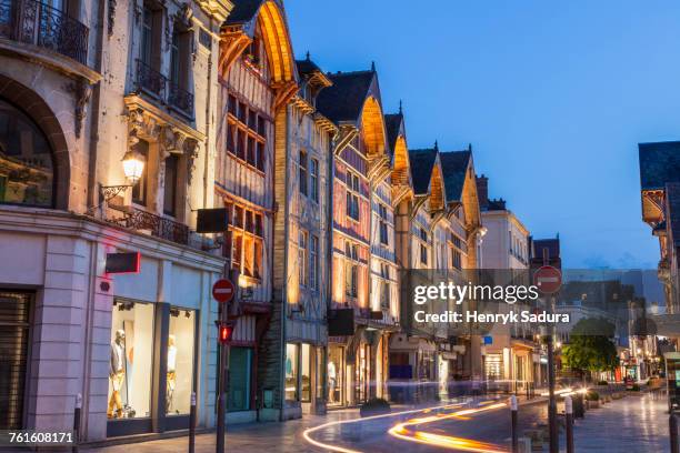 france, grand est, troyes, light trail on city street - troyes champagne region stock pictures, royalty-free photos & images