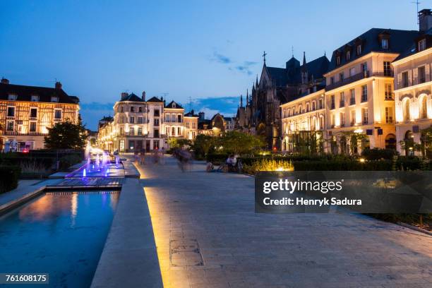 france, grand est, troyes, illuminated promenade along canal - troyes champagne region stock pictures, royalty-free photos & images