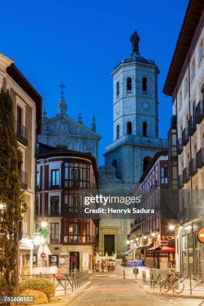 spain, castile and leon, valladolid, city street with cathedral of valladolid in background - valladolid spanish city stock-fotos und bilder