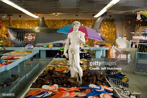 Replica of a giant shark and Michaelangelo's statue of David adorn the Myrtle Beach gift shop at South of the Border on July 21, 2006 in Dillon,...