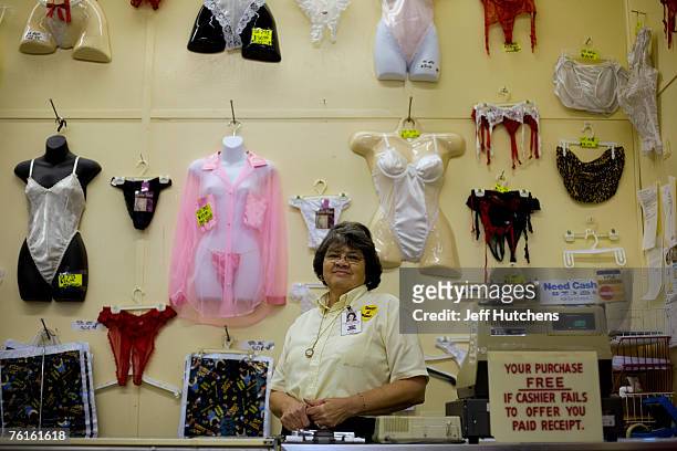 Ruthie Delfayette works at the Dirty Old Man Sex Shop selling all sorts of adult products and working on commission at South of the Border on July...