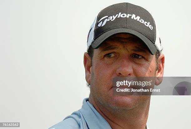 Harrison Frazar walks to the ninth tee during the second round of the Wyndham Championship at Forest Oaks Country Club on August 17, 2007 in...