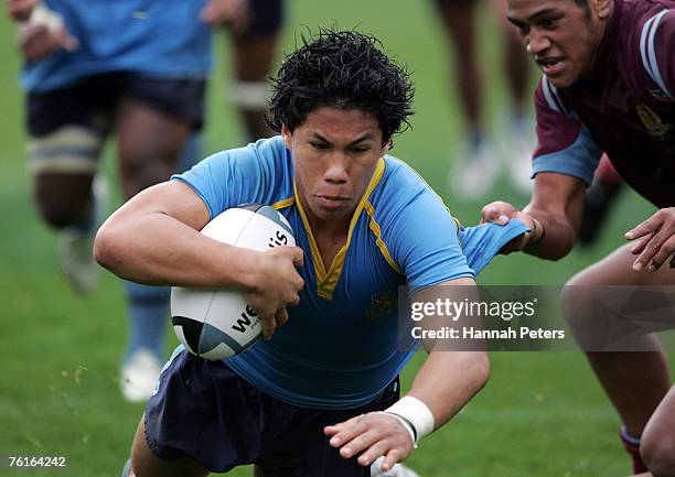 Sean Fletcher of Mount Albert Grammar dives to score the winning try during the Auckland Schoolboy Final match between De La Salle College and Mount...