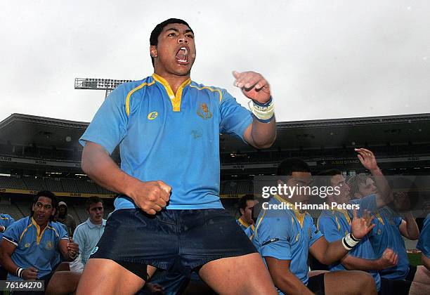 Manu Ene of Mount Albert Grammar leads his team-mates in a haka after the Auckland Schoolboy Final match between De La Salle College and Mount Albert...