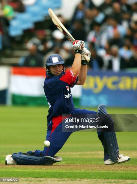 Luke Wright of England drives the ball to the boundary during the game between England Lions and India at Northampton Cricket Club on August 18, 2007...
