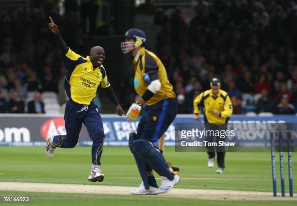 Ottis Gibson of Durham celebrates taking the wicket of Kevin Pietersen of Hampshire during the Friends Provident Trophy Final between Hampshire Hawks...