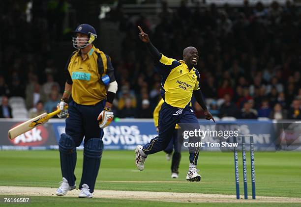 Ottis Gibson of Durham celebrates taking the wicket of Kevin Pietersen of Hampshire during the Friends Provident Trophy Final between Hampshire Hawks...