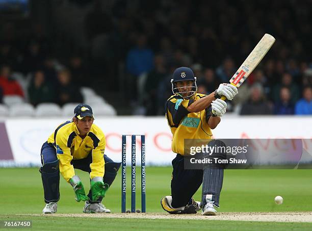 Nic Pothas of Hampshire hits out during the Friends Provident Trophy Final between Hampshire Hawks and Durham Dynamos at Lords on August 18, 2007 in...