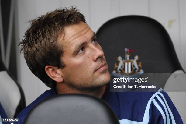 Michael Owen is pictured on the bench during a Premier League game between Newcastle United and Aston Villa at St James' Park , Newcastle on August...