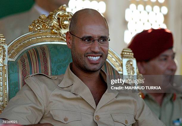 The son of Libyan leader Moamer Kadhafi, Seif al-Islam attends the arrival ceremony of water from the GMMRP Ghiryan South to the city of Tripoli over...