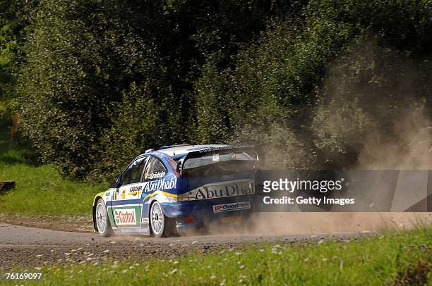 Marcus Gronholm of Finland competes in his Ford Focus RS WRC 06, A/8 during Leg 1 of the ADAC Rallye Deutschland 2007 on August 18, 2007 in Trier,...