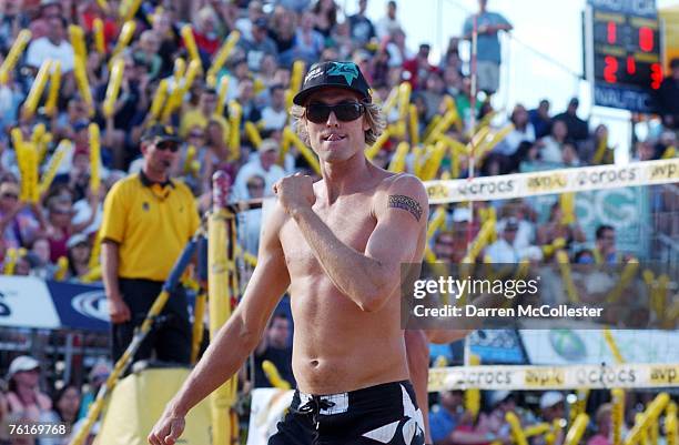 Matt Feurbringer smiles during the finals of the AVP Bob's Store Boston Open August 18, 2007 in Quincy, Massachusetts.