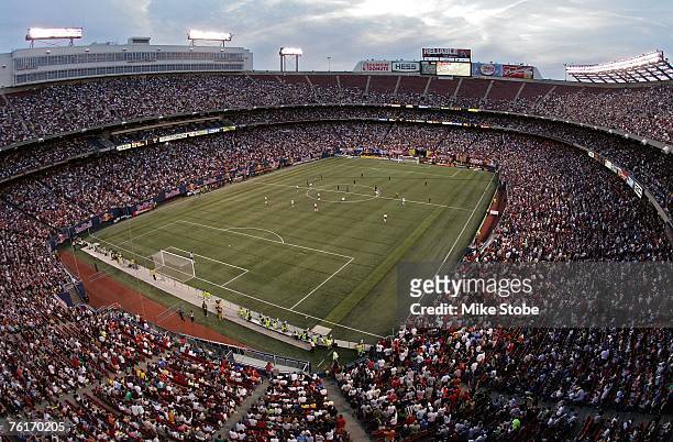 Fans watch as the Los Angeles Galaxy take on the New York Red Bulls at Giants Stadium on August 18, 2007 in East Rutherford, New Jersey.