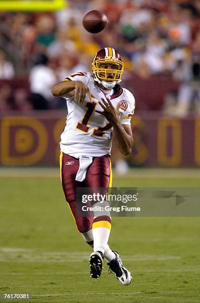 Jason Campbell of the Washington Redskins throws a pass against the Pittsburgh Steelers at FedEx Field August 18, 2007 in Landover, Maryland.