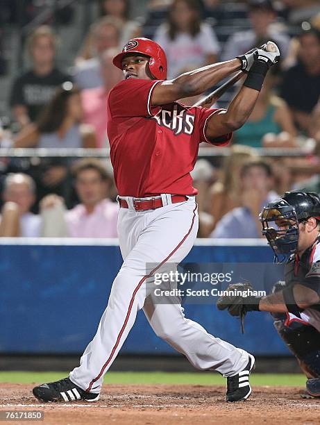 Justin Upton of the Arizona Diamondbacks hits against the Atlanta Braves at Turner Field on August 18, 2007 in Atlanta, Georgia. The Diamondbacks...