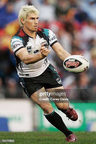 Jarrod Sammut of the Panthers passes the ball during the round 23 NRL match between the Newcastle Knights and the Penrith Panthers at EnergyAustralia...