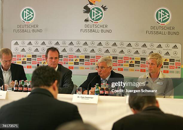 President of the German Football Association Theo Zwanziger talks during a press conference at the B Juniors Bundesliga match between Rot Weiss Essen...